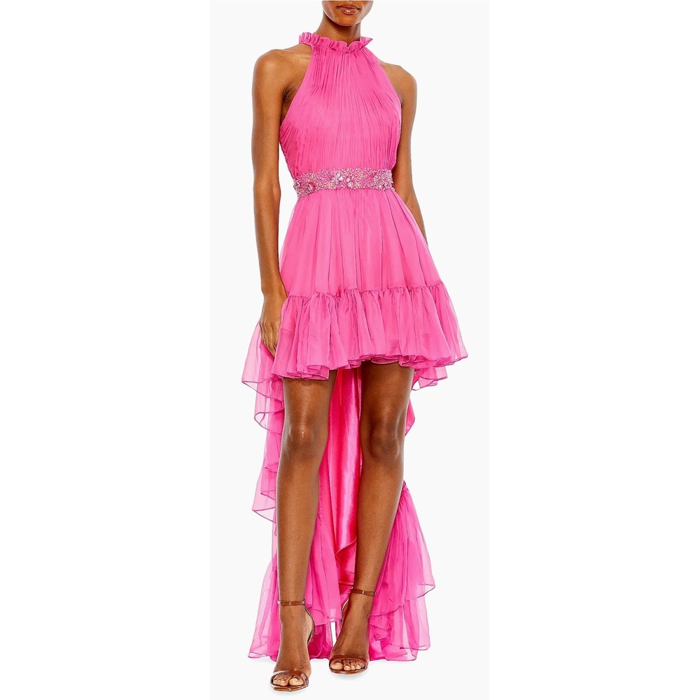 Mac Duggal 68029 Hot Pink High Low Pleated Halter‎ Gown Beaded Waist NWT Size 2